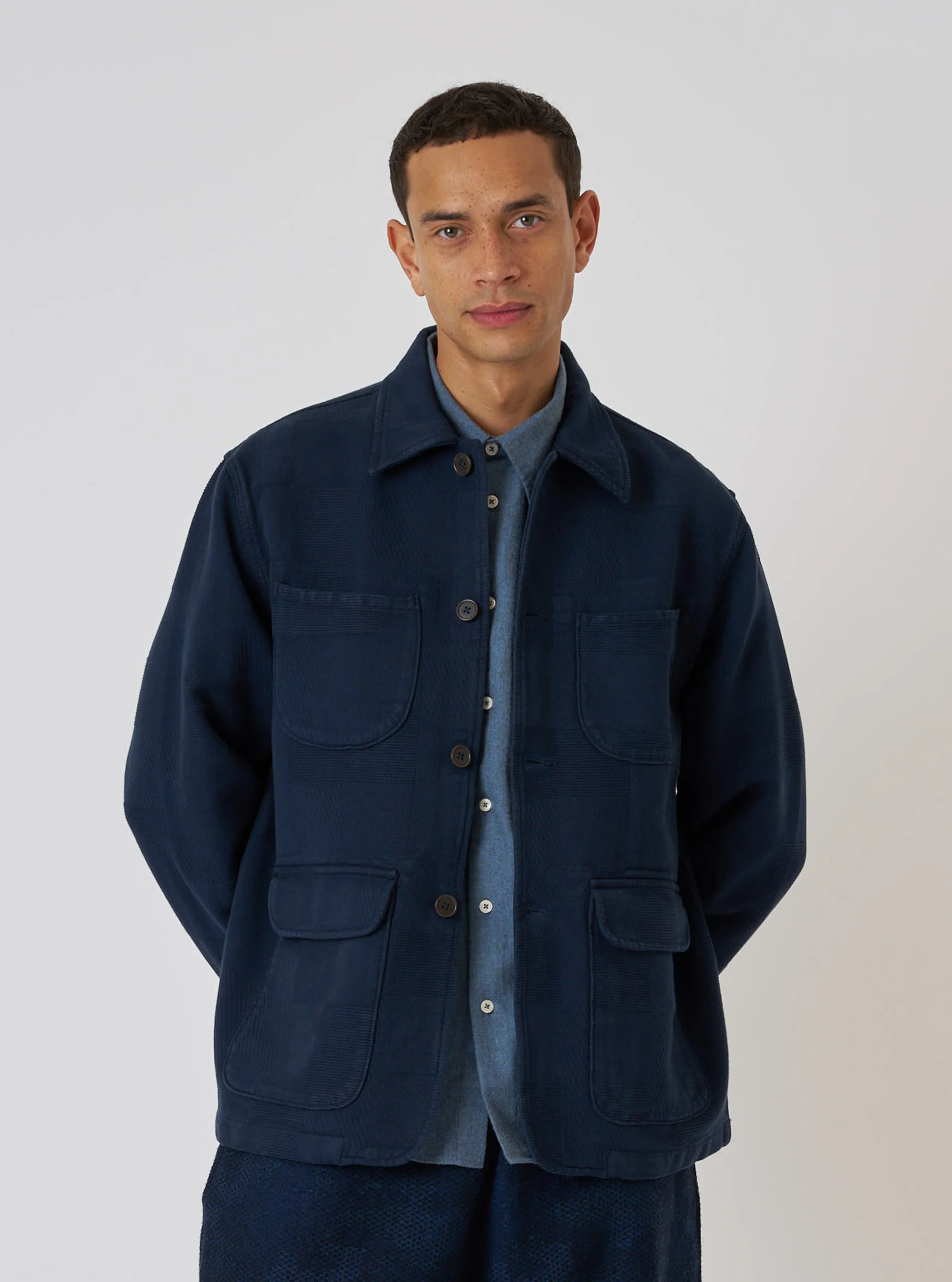 Dark Navy Patchwork Weave Cotton Labour Jacket - Image 2