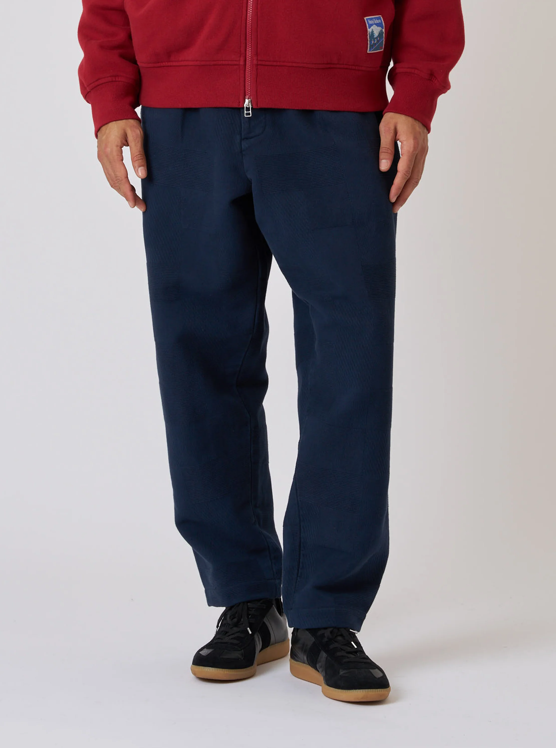 Dark Navy Patchwork Weave Cotton Pleated Track Pant - Image 2