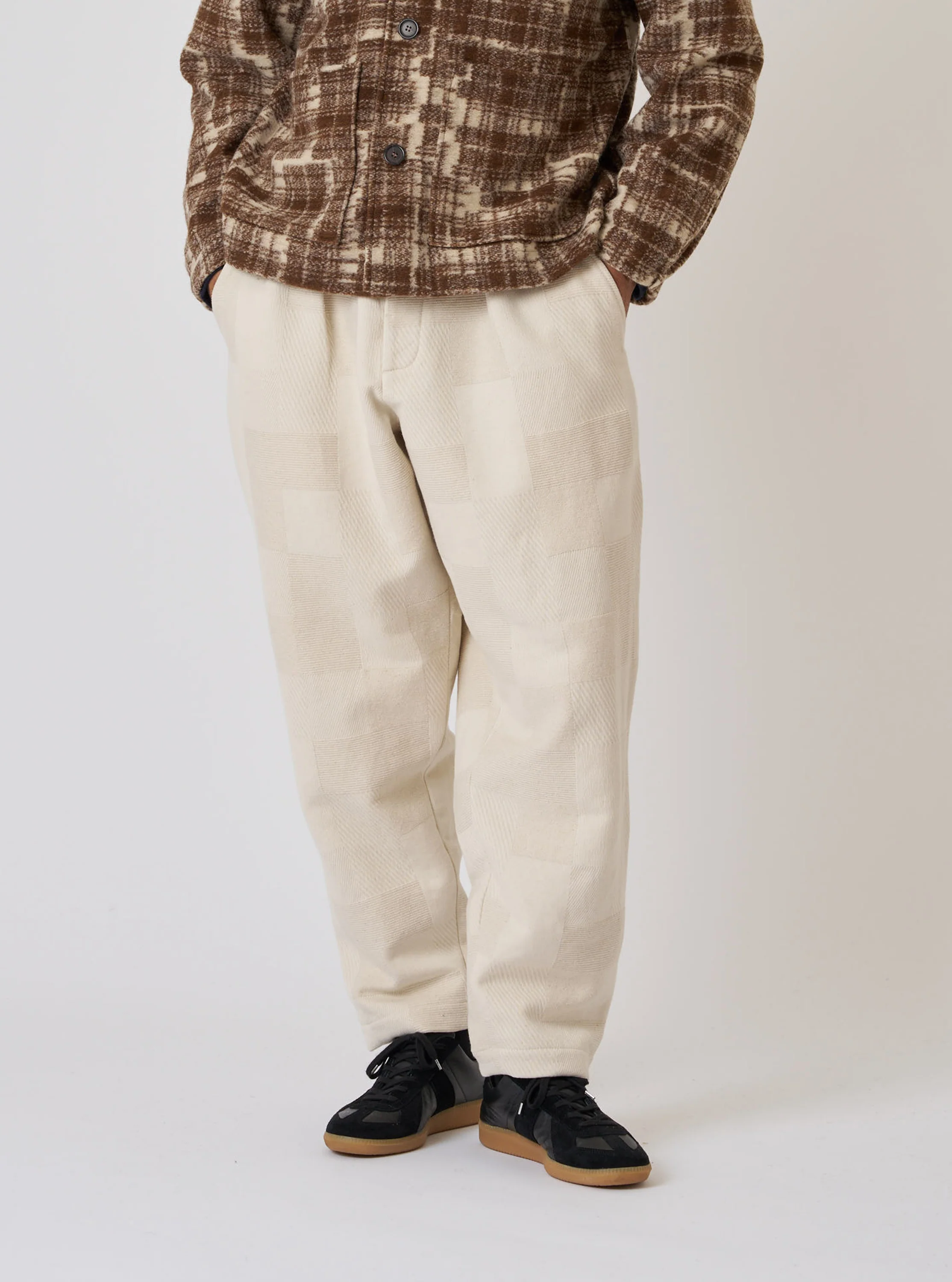Ecru Patchwork Weave Cotton Pleated Track Pant - Image 2