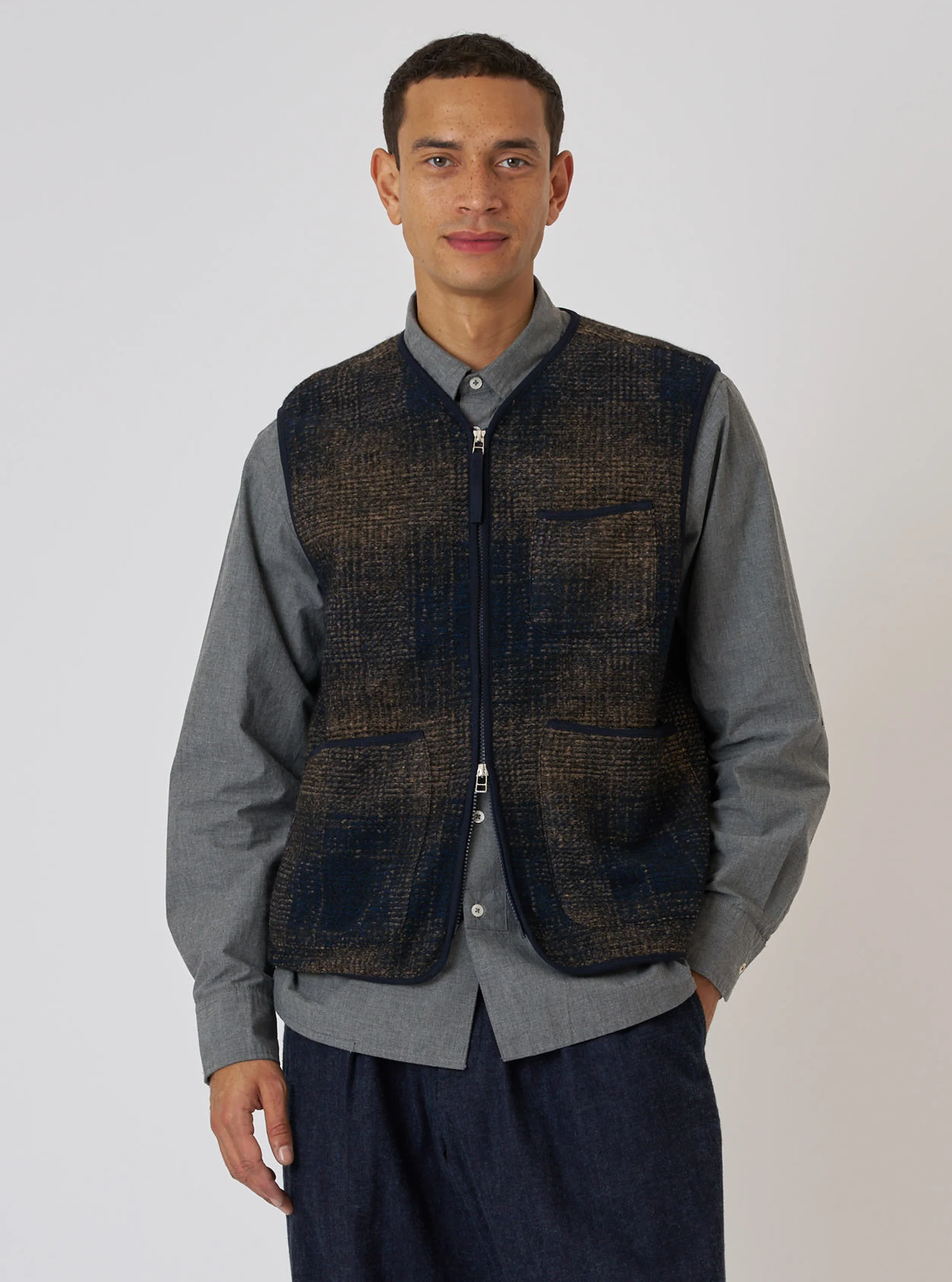 Navy Deca Check Zip Gilet - Image 2