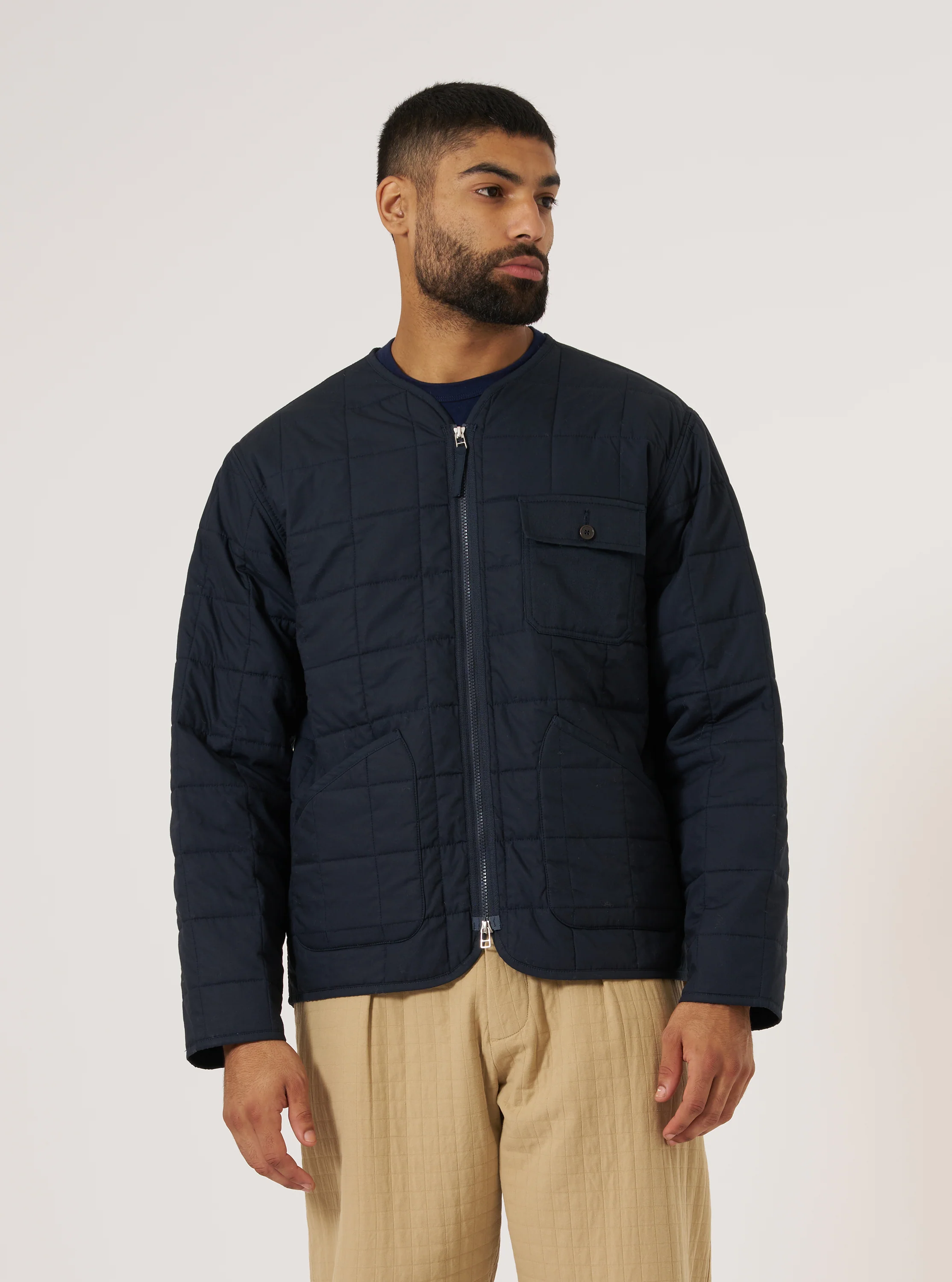 Navy Quilt Cotton Military Liner Jacket - Image 2