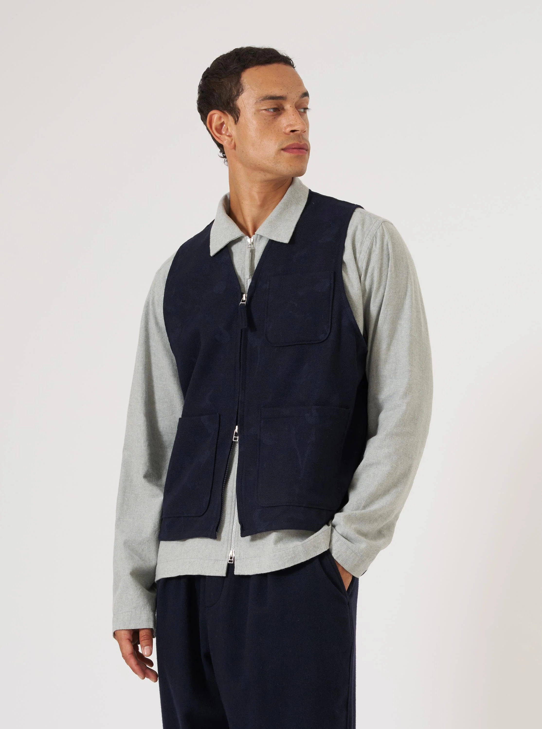 Navy Flower Print Flannel Operators Gilet - Image 2