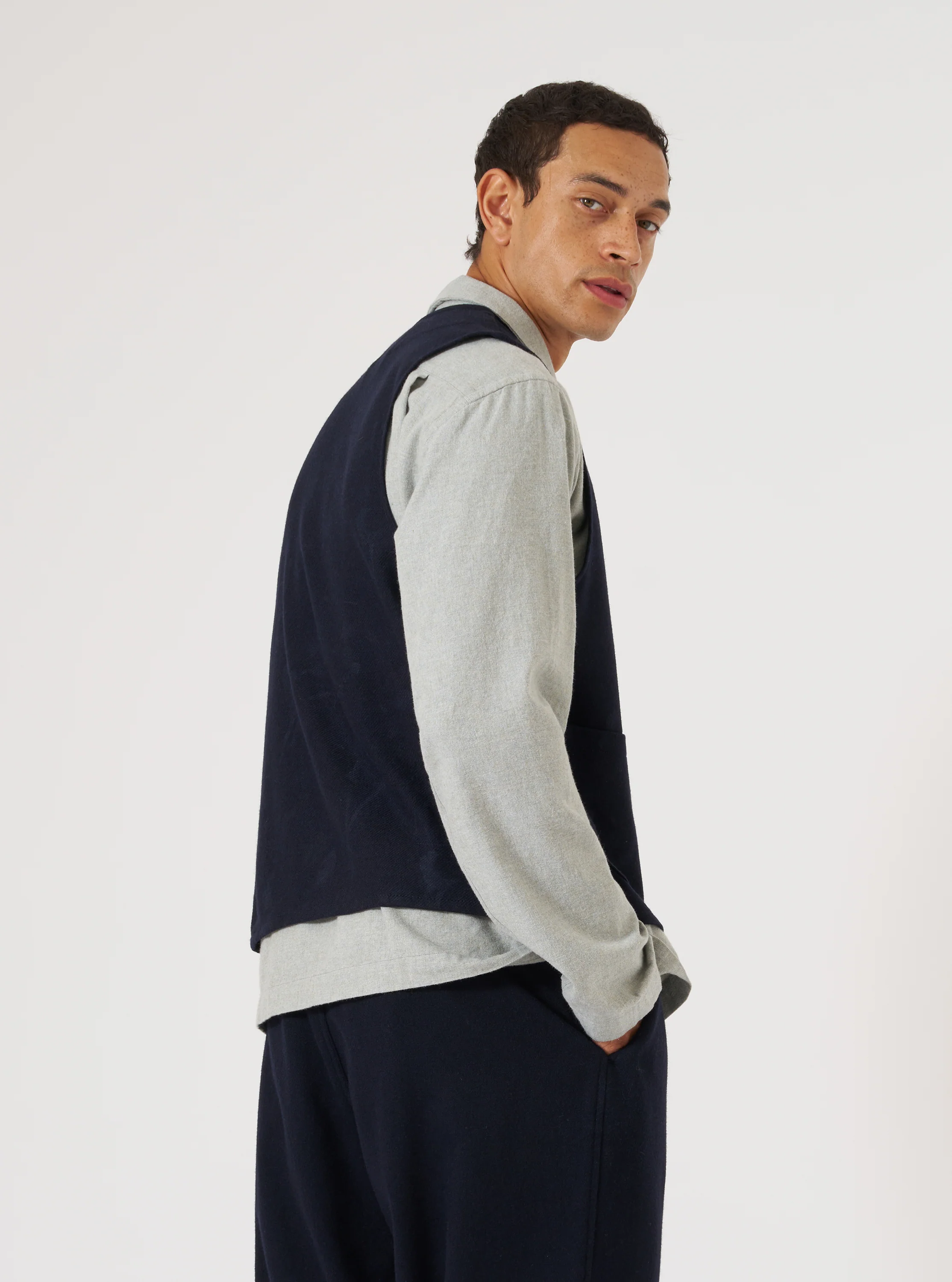Navy Flower Print Flannel Operators Gilet - Image 3
